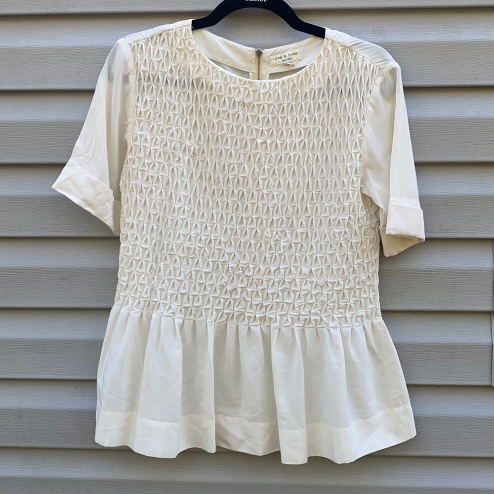 Rag & Bone | Peplum Smocked Front Silk Top Blouse Ivory size Small